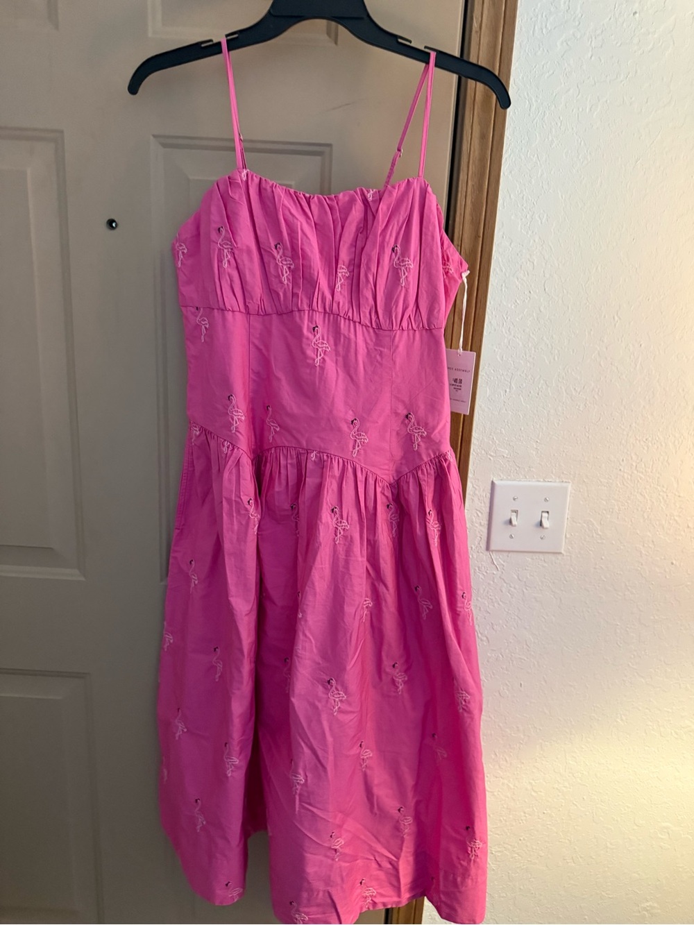 Women’s Pink Spaghetti-Strap Embroidered Flamingo Casual Dress